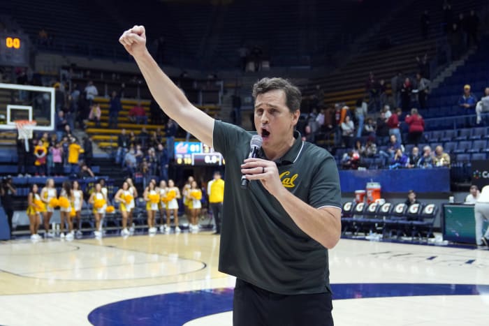 Jan 20, 2024; Berkeley, California, USA; California Golden Bears head coach Mark Madsen addresses the crowd after defeating the Washington State Cougars at Haas Pavilion. Mandatory Credit: Darren Yamashita-USA TODAY Sports